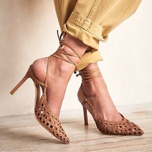 Alohas Tan Leather ‘Sandstorm’ Eyelet Woven Strappy Ankle Wrap Heels, Size 39